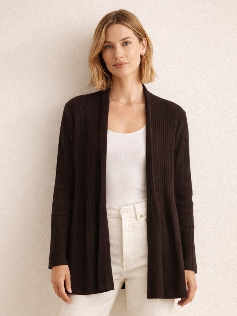 Eileen Fisher Wool Ribbed Open Cardigan Sweater Brown Medium